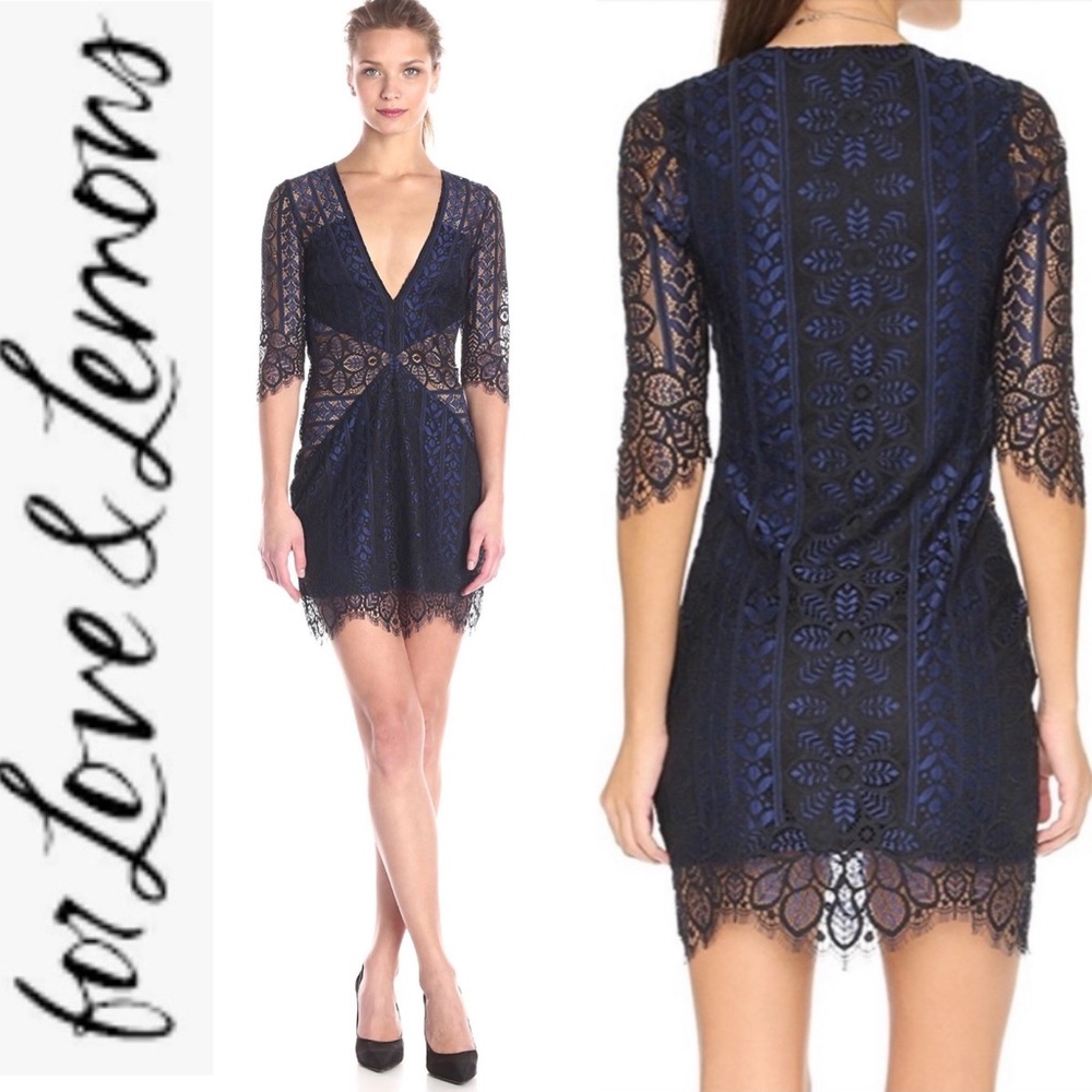 For Love & Lemons x FP  Lyla Blue/Black Lace Cocktail Mini Dress S